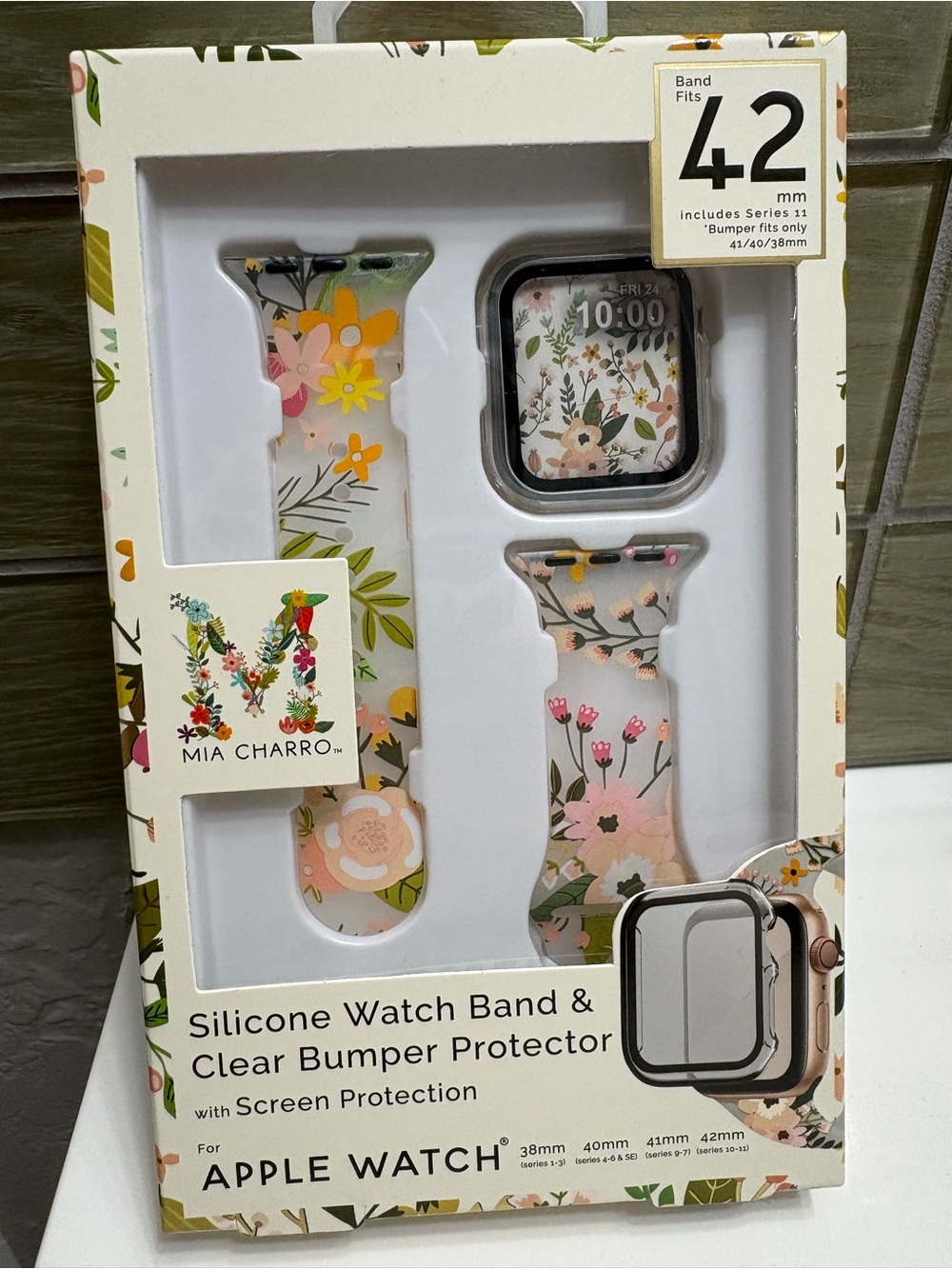 Mia Charro Floral Silicone Watch Band & Clear Protector for 42mm Apple Watch
